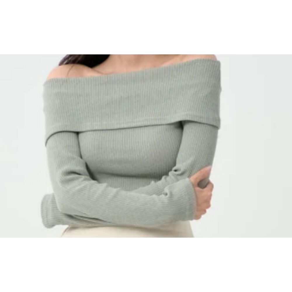 Lewkin off the shoulder rib knit top long sleeve tee shirt, Women S/M Mint Green